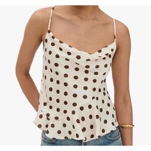 Women Polka Dot Satin Cowl Neck Spaghetti Strap Tie Back Asymmetrical Tank